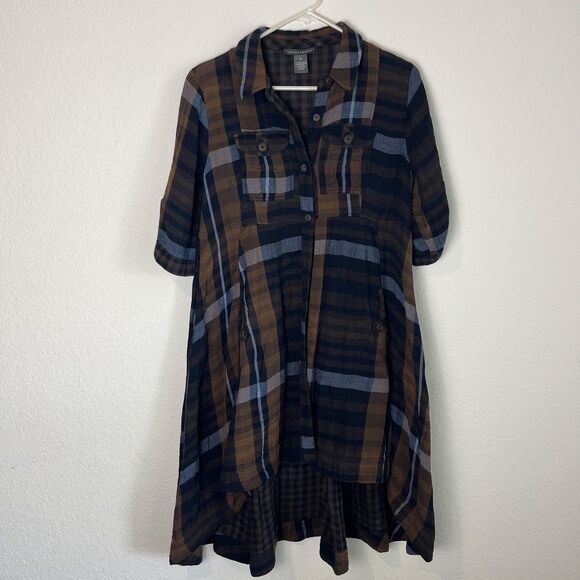 Chelsea & Theodore Shirt Dress Gauze Medium Plaid Button Front Pockets High Low - Picture 1 of 8